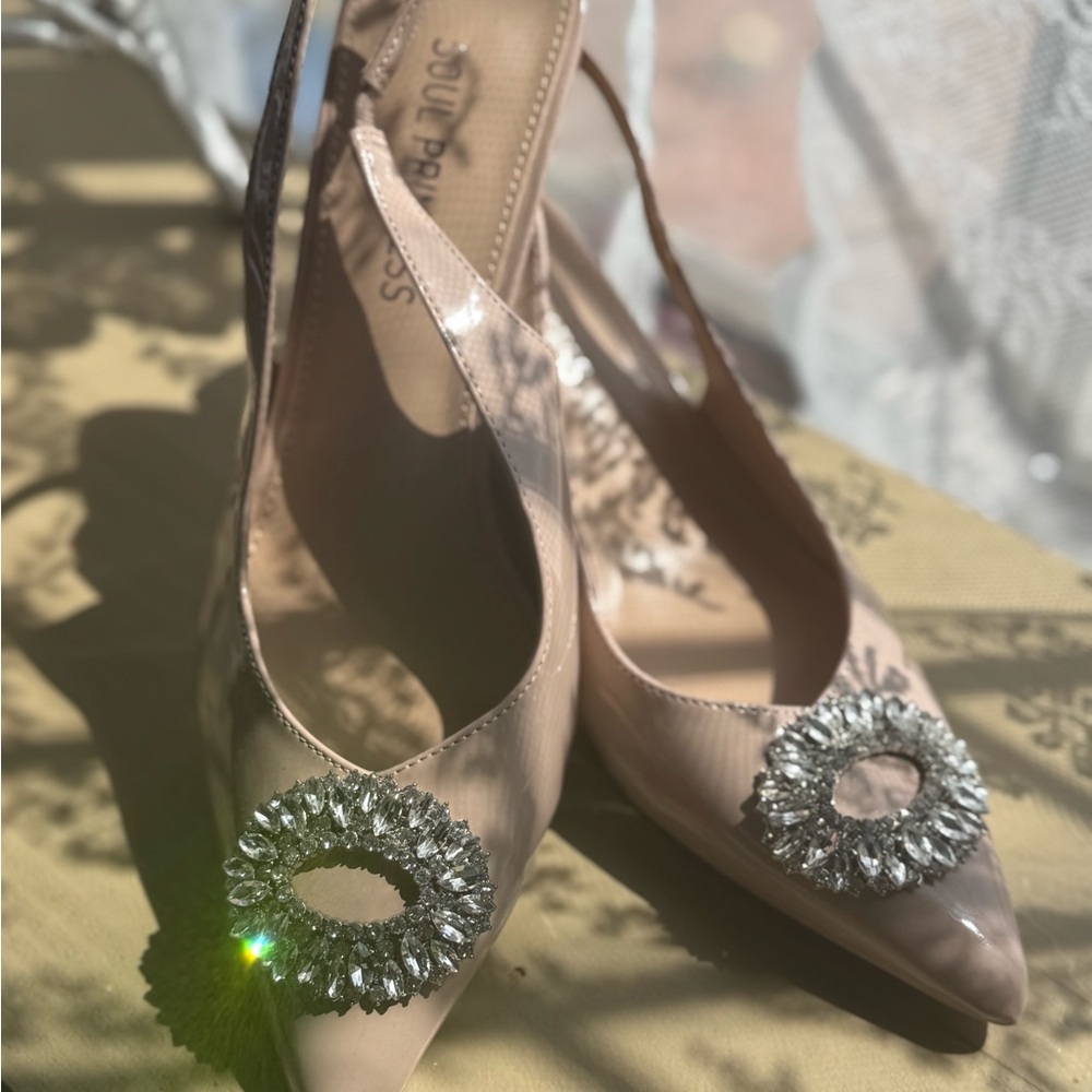 Elegant Beige Pointed-Toe Heels with Crystal Embellishment